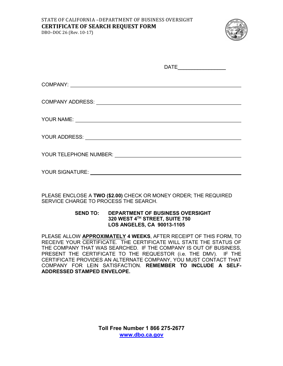 Form DBODOC26 Certificate of Search Request Form - California, Page 1