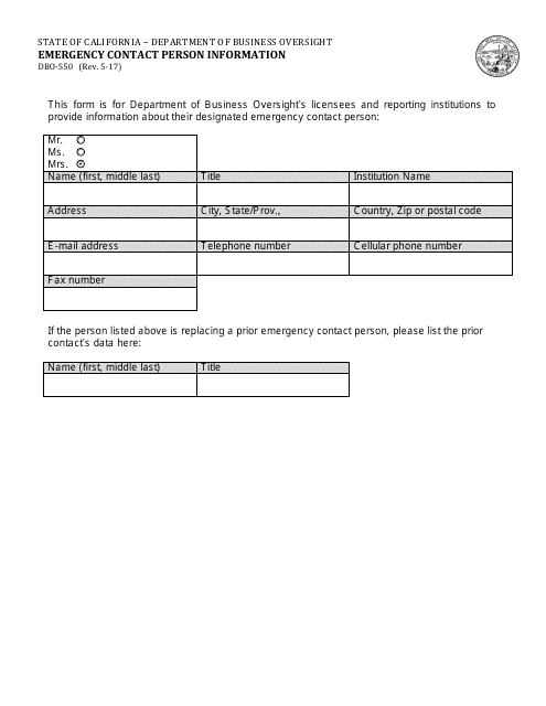 Form DBO-550 Emergency Contact Person Information - California