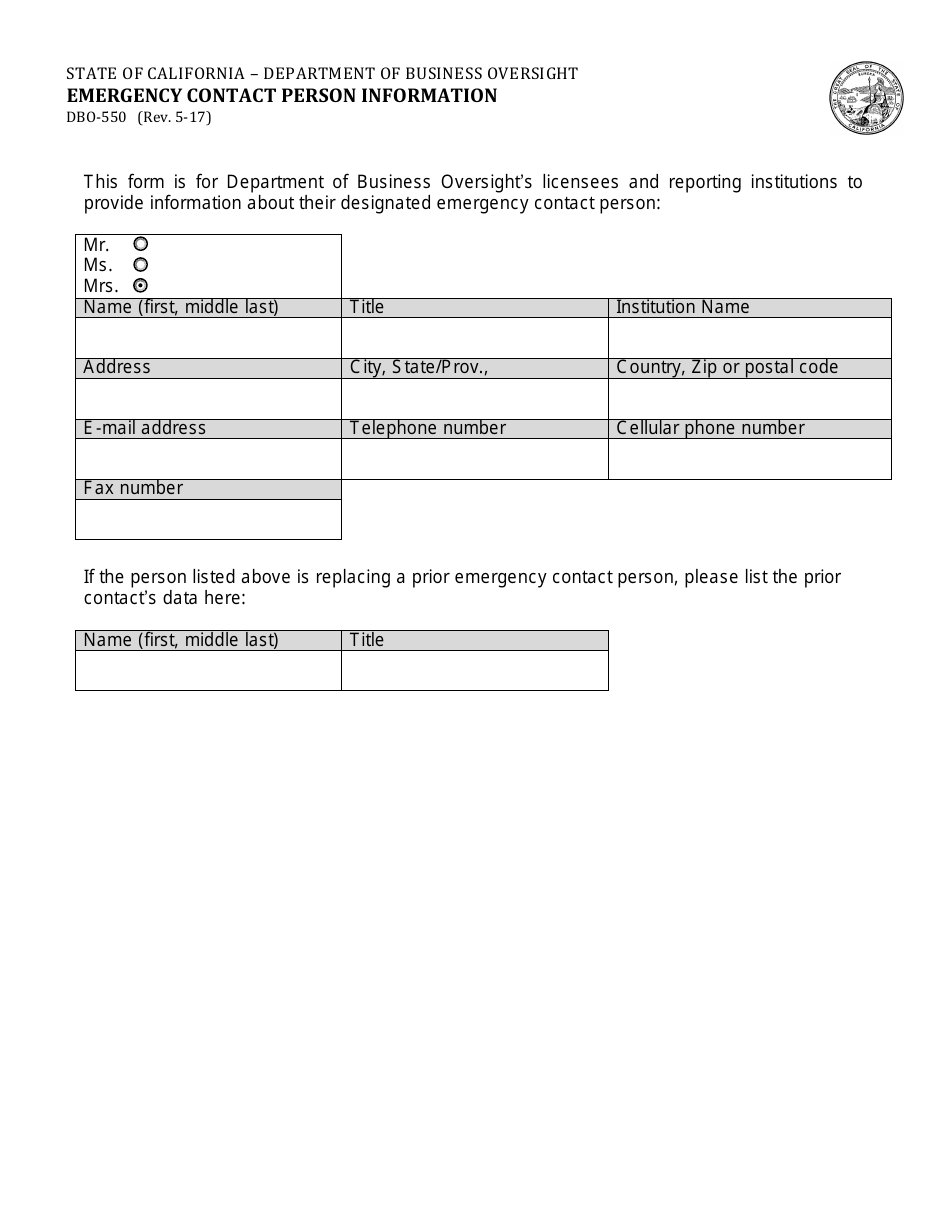 Form DBO-550 Emergency Contact Person Information - California, Page 1