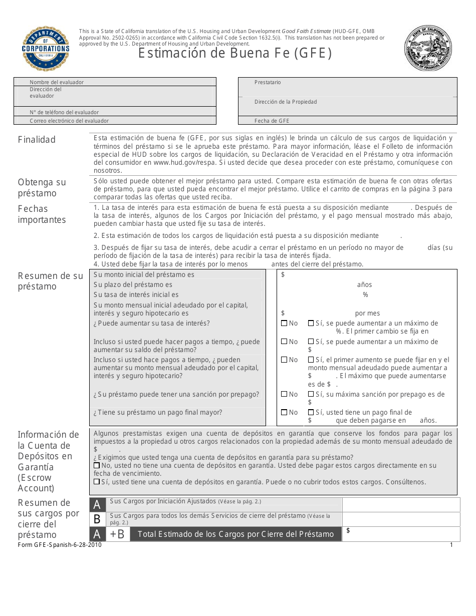 Formulario HUD-GFE Estimacion De Buena Fe (GFE) - California (Spanish), Page 1