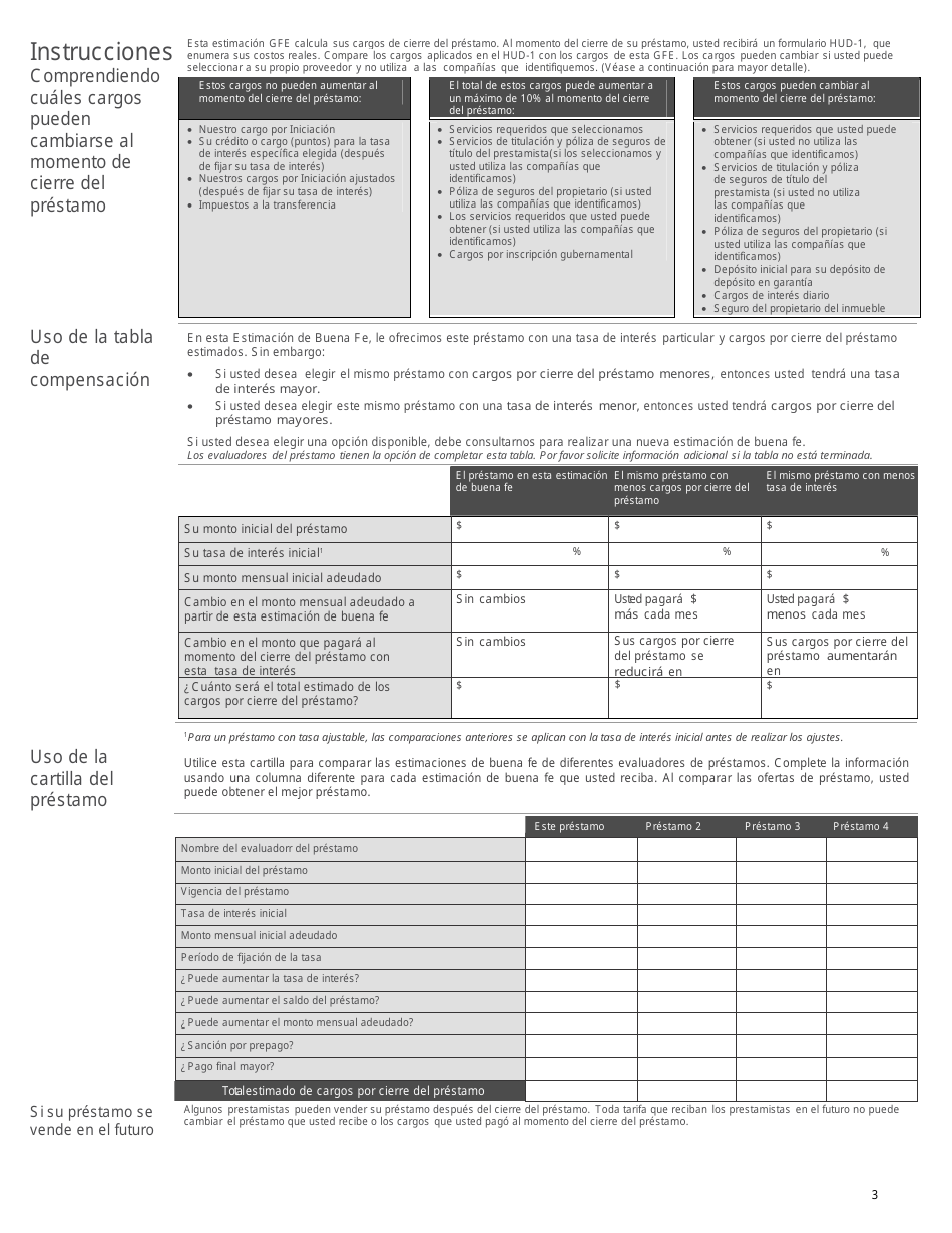 Formulario HUD-GFE Estimacion De Buena Fe (GFE) - California (Spanish), Page 3