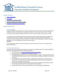 Ca-Dbo Money Transmitter License Transition Checklist (Company) - Nmls - California