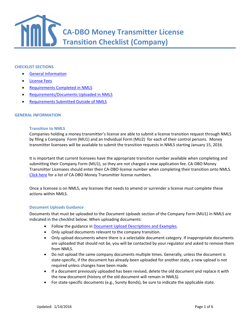 Ca-Dbo Money Transmitter License Transition Checklist (Company) - Nmls - California, Page 1