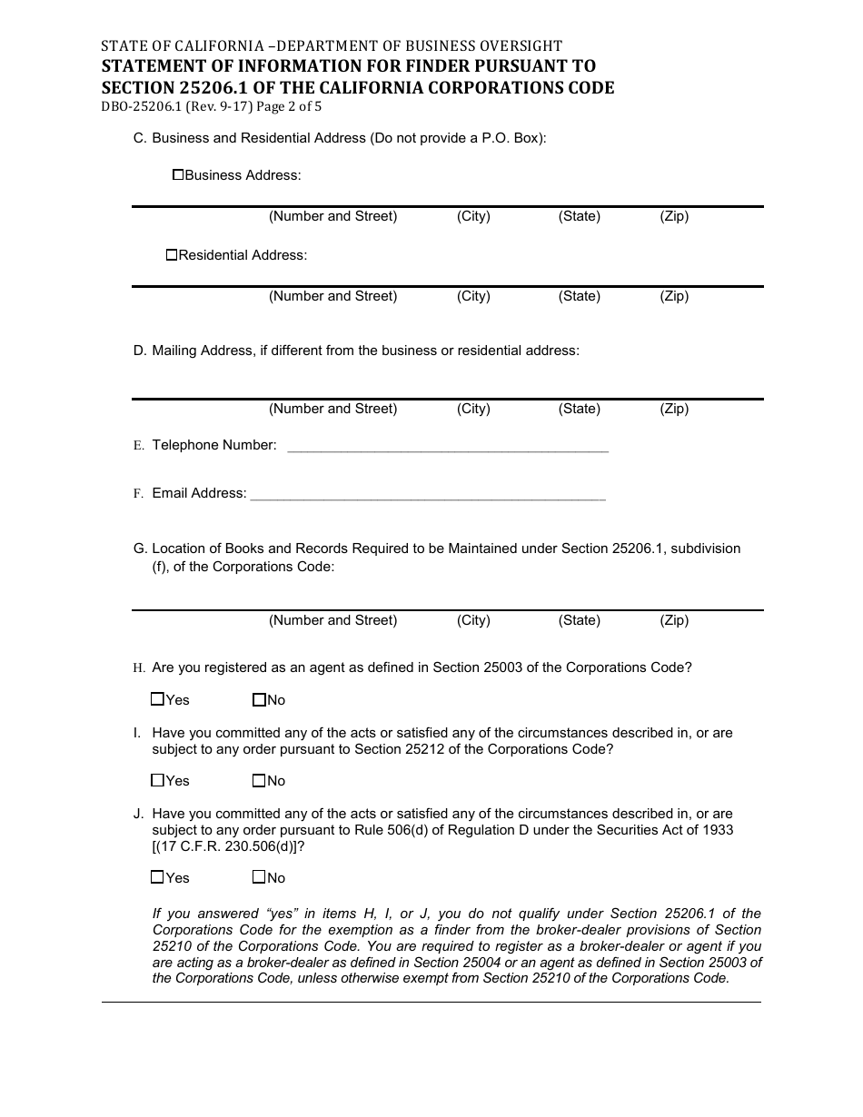 Form DBO-25206.1 Statement of Information for Finder Pursuant to Section 25206.1 of the California Corporations Code - California, Page 2