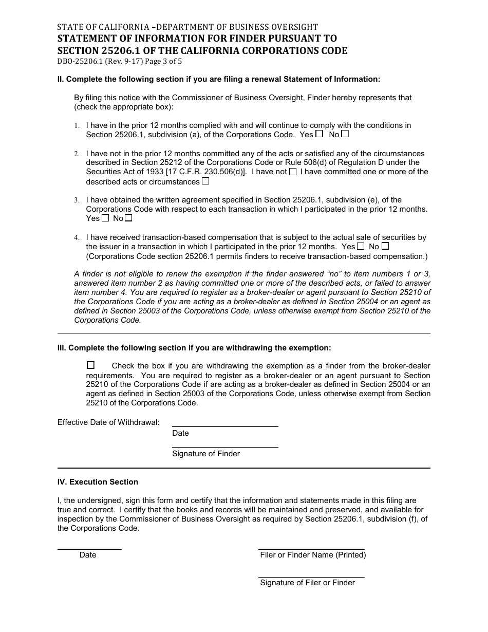 Form DBO-25206.1 Statement of Information for Finder Pursuant to Section 25206.1 of the California Corporations Code - California, Page 3