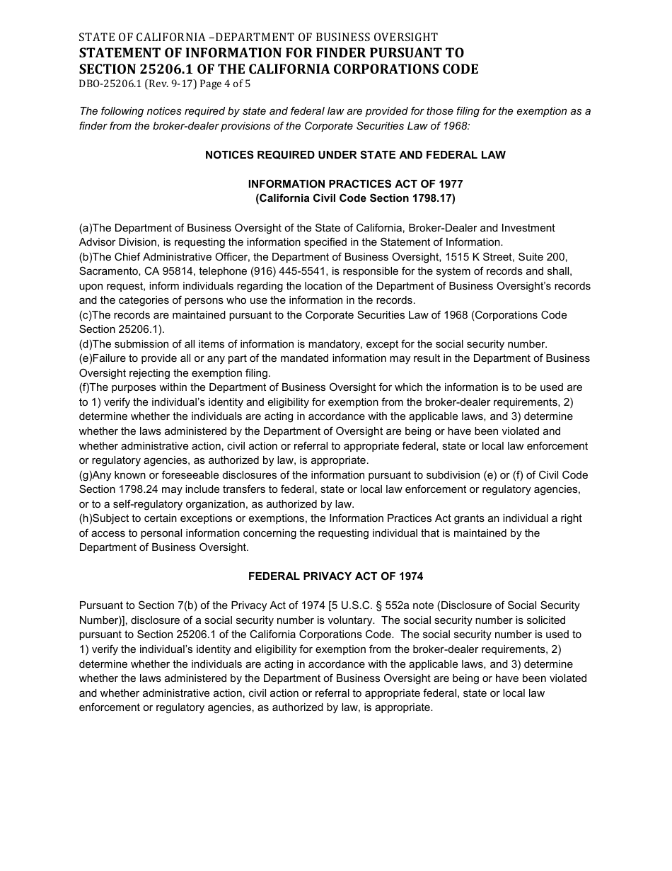 Form DBO-25206.1 Statement of Information for Finder Pursuant to Section 25206.1 of the California Corporations Code - California, Page 4