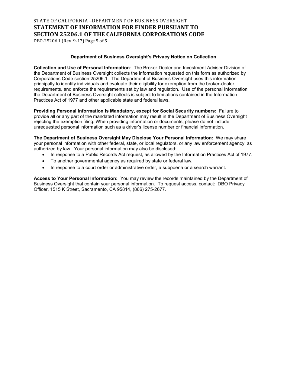 Form DBO-25206.1 Statement of Information for Finder Pursuant to Section 25206.1 of the California Corporations Code - California, Page 5