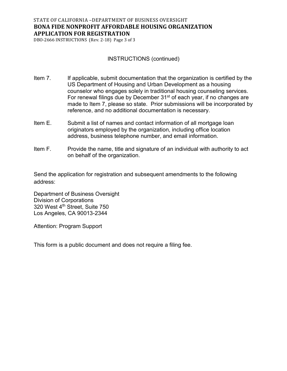 Instructions for Form DBO-2666 Bona Fide Nonprofit Affordable Housing Organization Application for Registration - California, Page 3