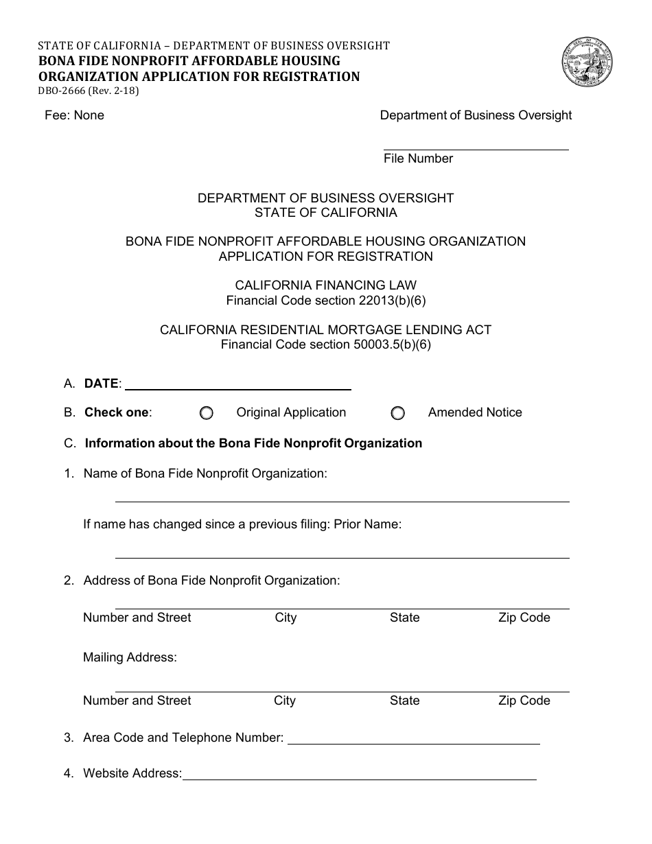 Form DBO-2666 Bona Fide Nonprofit Affordable Housing Organization Application for Registration - California, Page 1