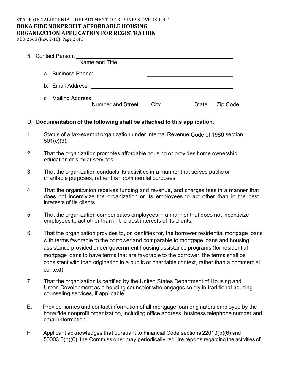 Form DBO-2666 Bona Fide Nonprofit Affordable Housing Organization Application for Registration - California, Page 2