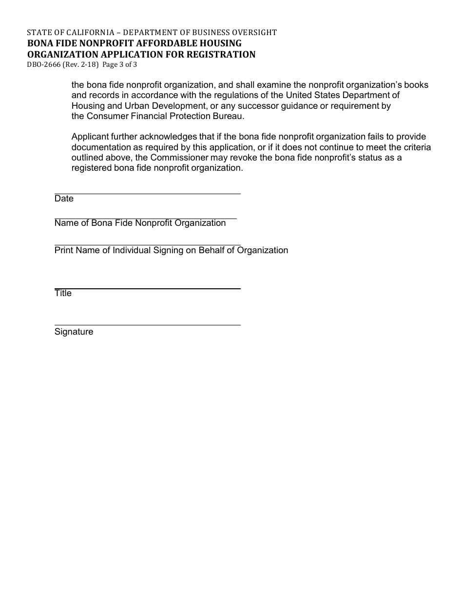 Form DBO-2666 Bona Fide Nonprofit Affordable Housing Organization Application for Registration - California, Page 3