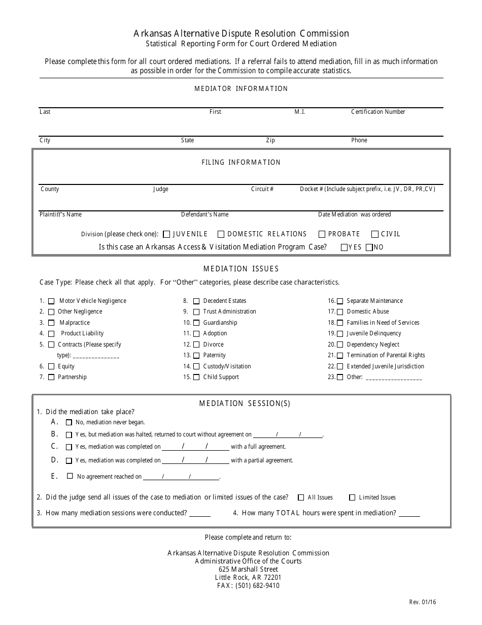 Statistical Reporting Form for Court Ordered Mediation - Arkansas, Page 1