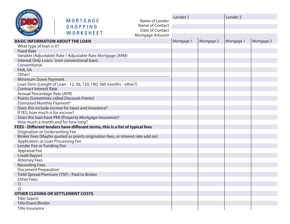 California Mortgage Shopping Worksheet Download Printable PDF Templateroller