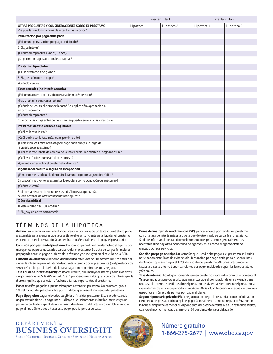 Hoja De Trabajo Comparacion De Hipotecas - California (Spanish), Page 2