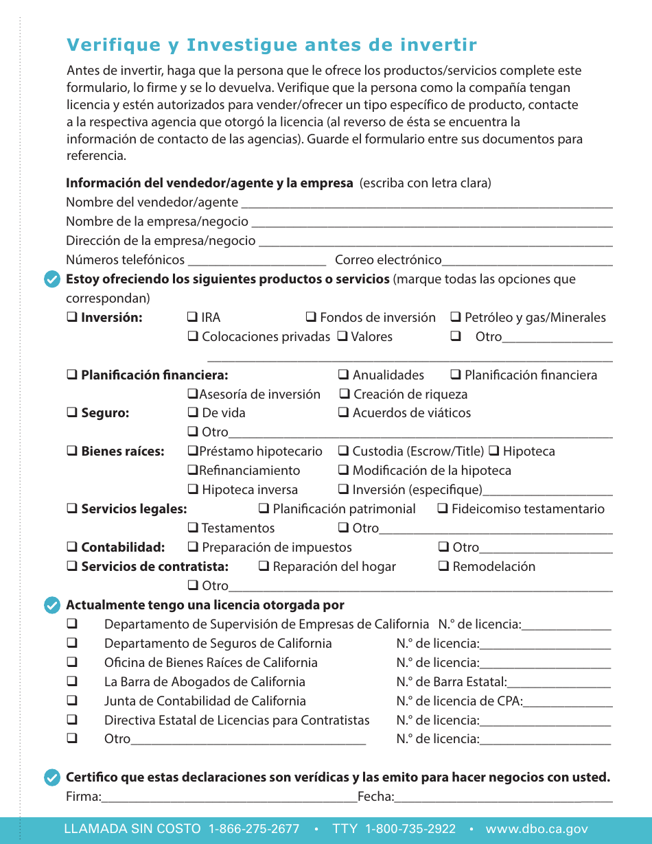 Verifique Y Investigue Antes De Invertir - California (Spanish), Page 1