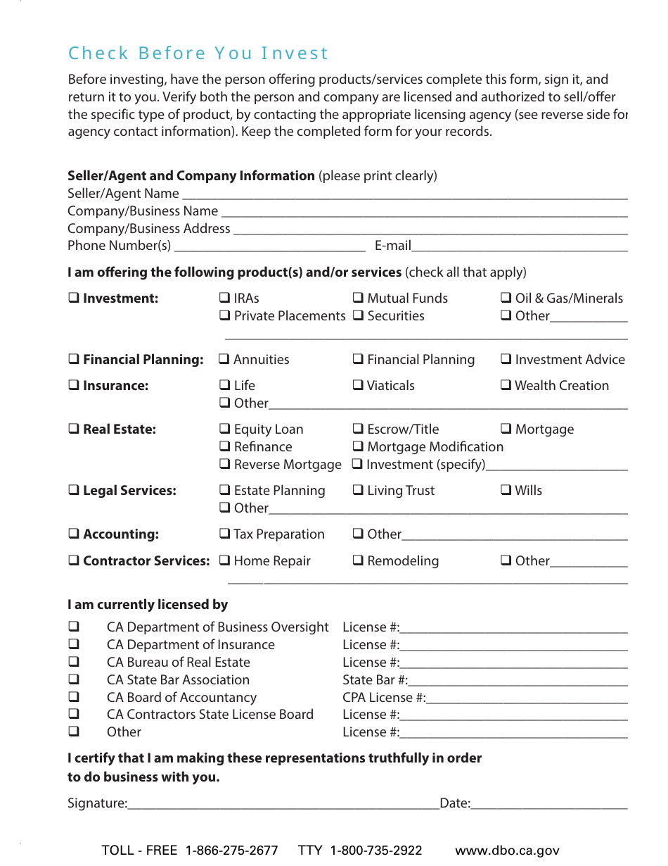 California Check Before You Invest - Fill Out, Sign Online and Download ...