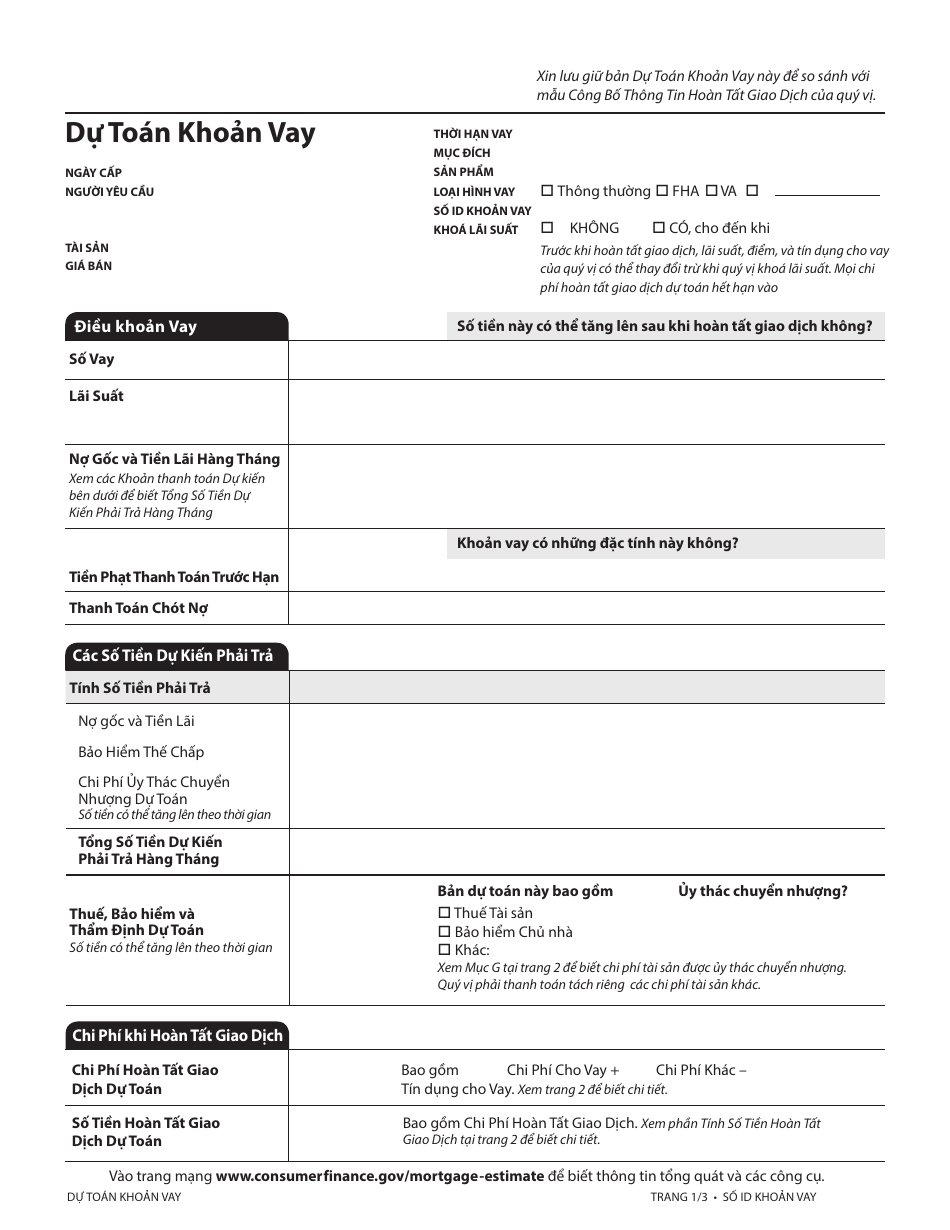 Form CFPB Loan Estimate - California (Vietnamese), Page 1
