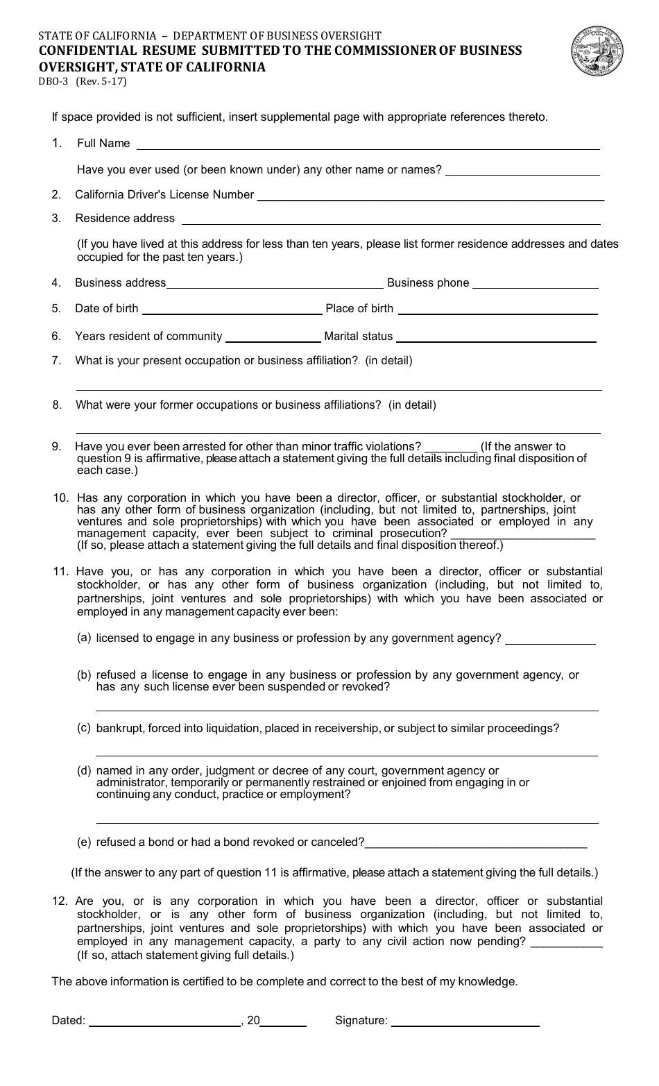 Form DBO-3 Confidential Resume Submitted to the Commissioner of Business Oversight, State of California - California, Page 1