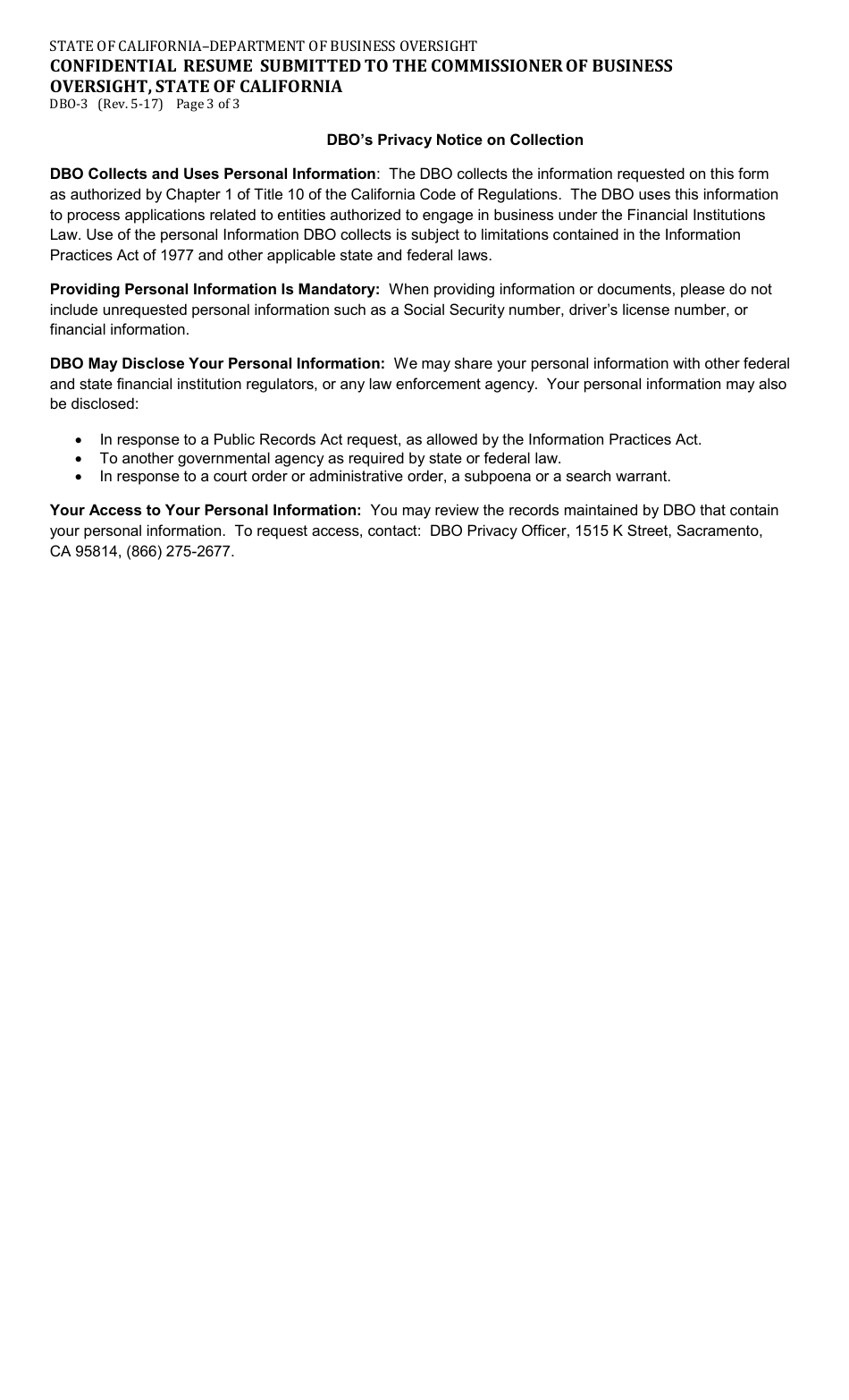 Form DBO-3 Confidential Resume Submitted to the Commissioner of Business Oversight, State of California - California, Page 3