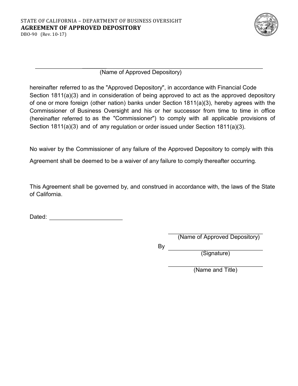 Form DBO-90 Agreement of Approved Depository - California, Page 1