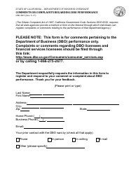 Document preview: Form DBO-803 Comments or Complaints Regarding Dbo Performance - California