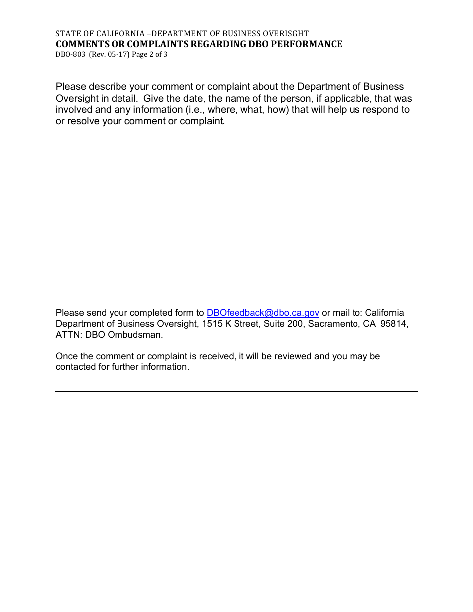 Form DBO-803 Comments or Complaints Regarding Dbo Performance - California, Page 2