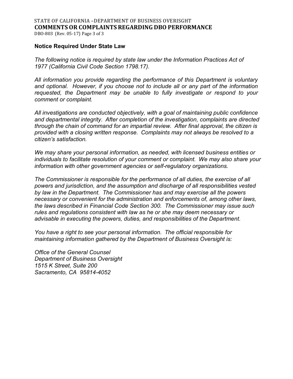 Form DBO-803 Comments or Complaints Regarding Dbo Performance - California, Page 3