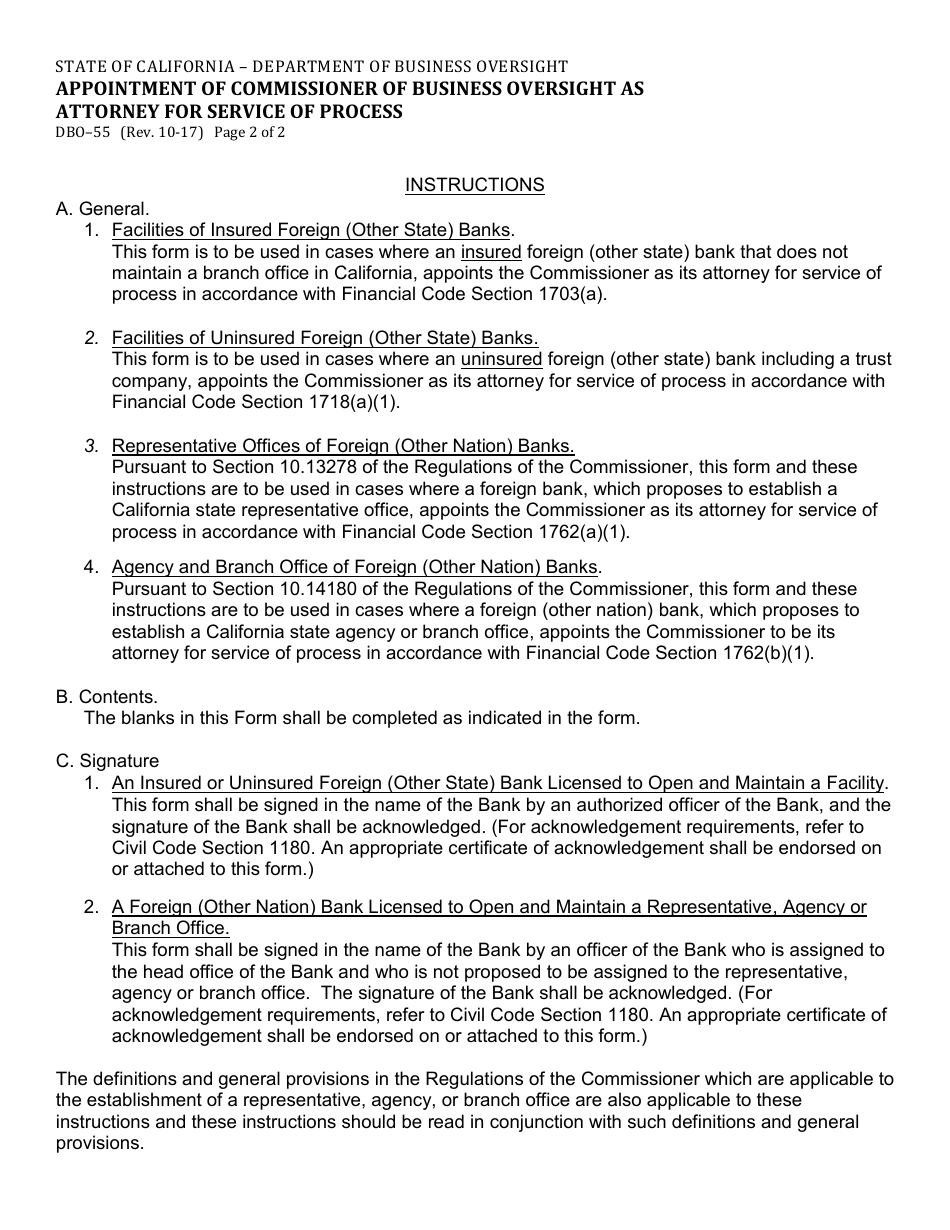 Form DBO-55 Appointment of Commissioner of Business Oversight as Attorney for Service of Process - California, Page 2