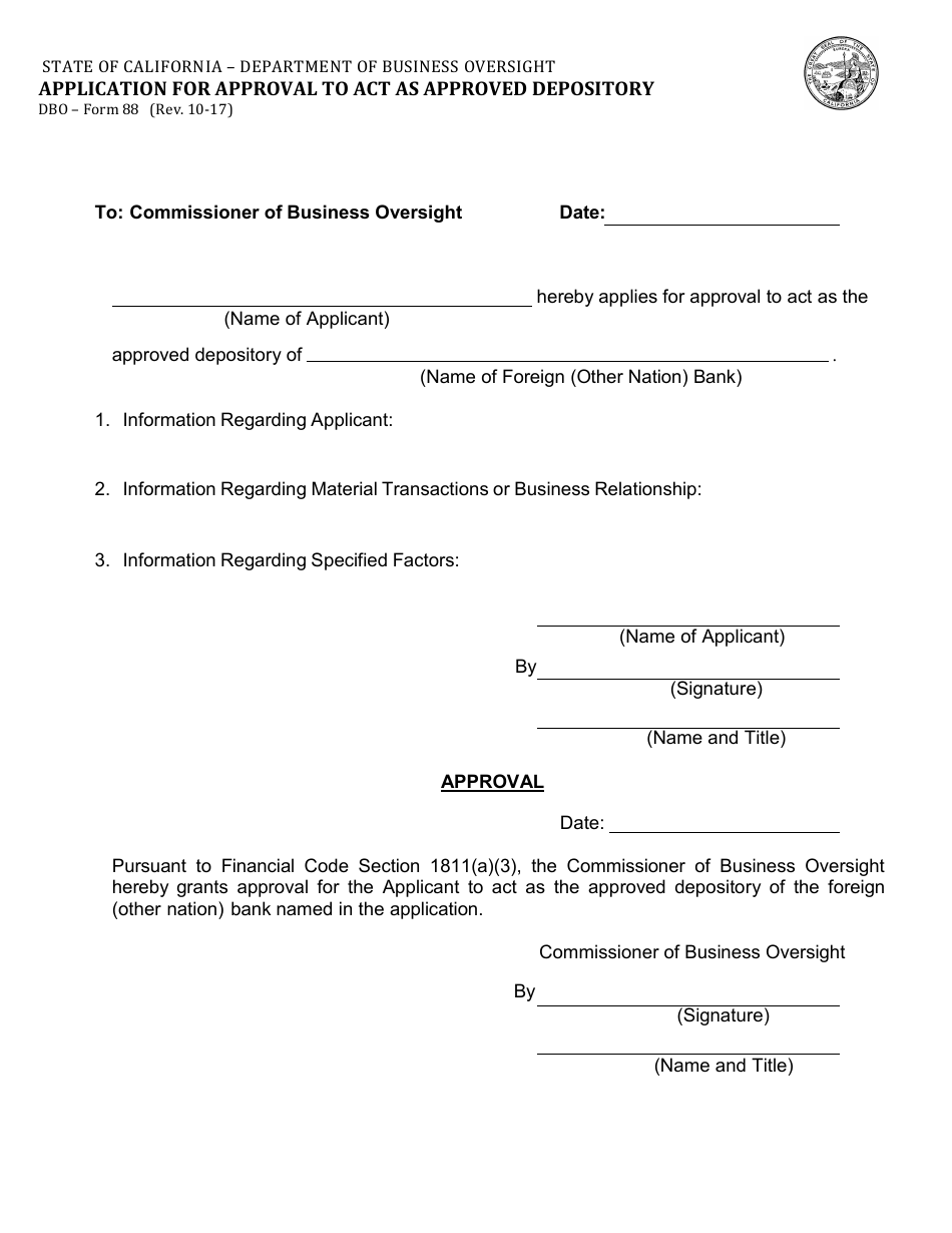 Form DBO-88 Application for Approval to Act as Approved Depository - California, Page 1