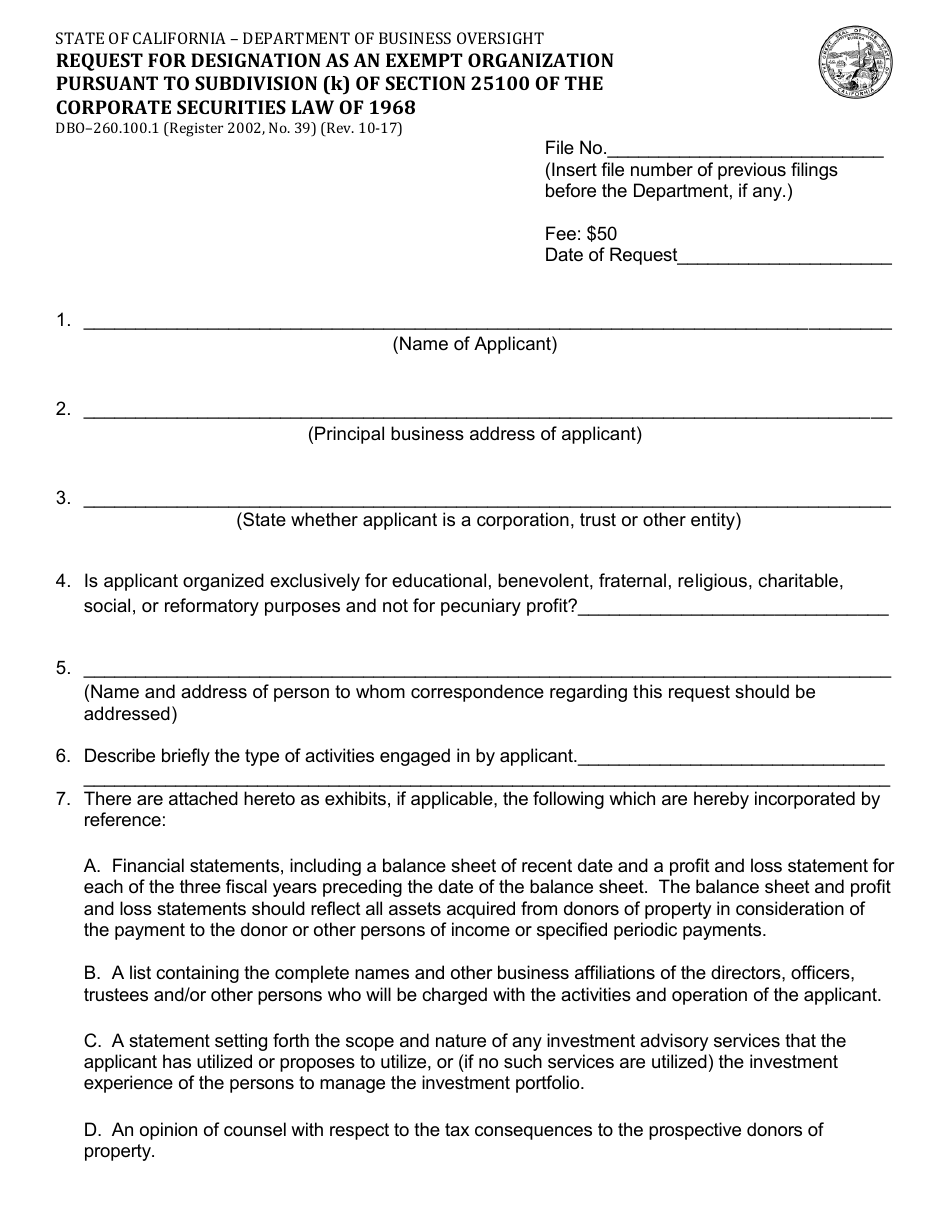 Form DBO-260.100.1 Request for Designation as an Exempt Organization Pursuant to Subdivision (K) of Section 25100 of the Corporate Securities Law of 1968 - California, Page 1