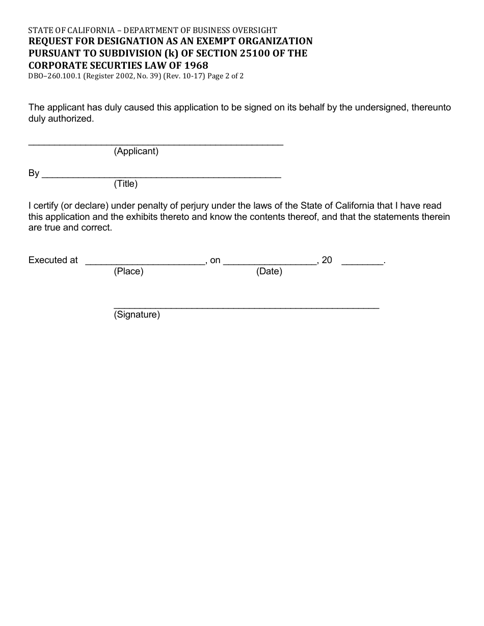 Form DBO-260.100.1 Request for Designation as an Exempt Organization Pursuant to Subdivision (K) of Section 25100 of the Corporate Securities Law of 1968 - California, Page 2