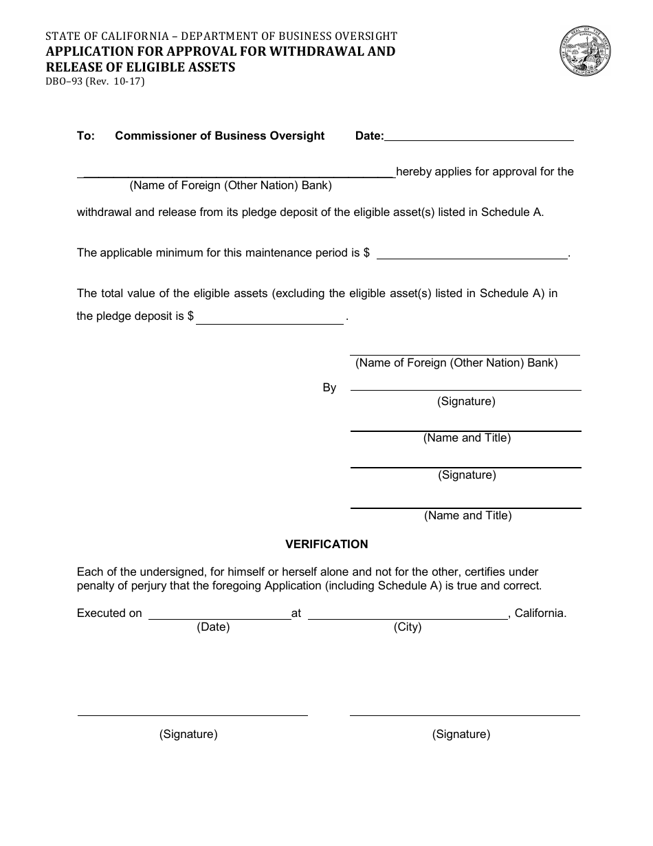 Form DBO-93 Application for Approval for Withdrawal and Release of Eligible Assets - California, Page 1