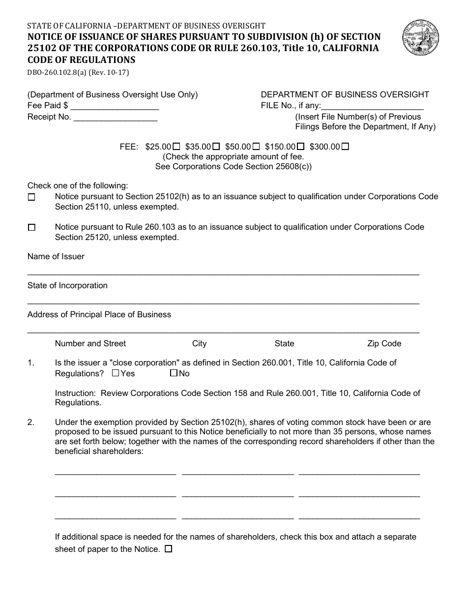 Form DBO-260.102.8(A) Notice of Issuance of Shares Pursuant to Subdivision (H) of Section 25102 of the Corporations Code or Rule 260.103, Title 10, California Code of Regulations - California, Page 1
