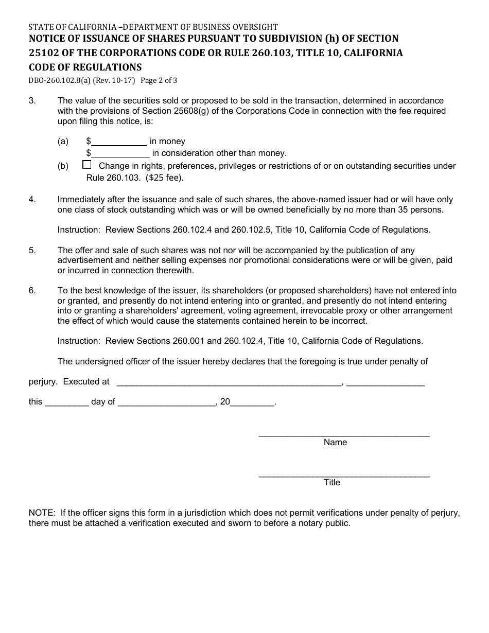 Form DBO-260.102.8(A) Notice of Issuance of Shares Pursuant to Subdivision (H) of Section 25102 of the Corporations Code or Rule 260.103, Title 10, California Code of Regulations - California, Page 2