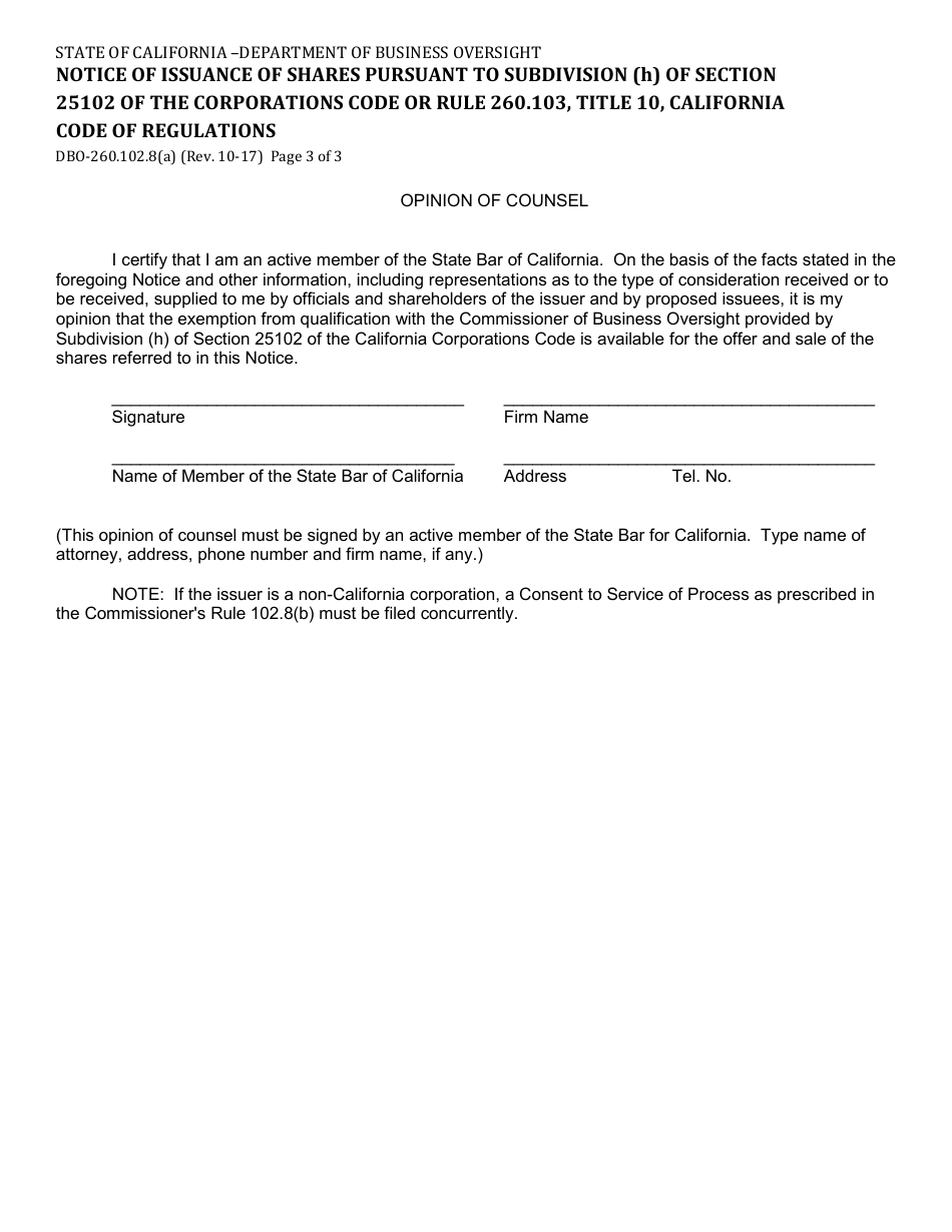 Form DBO-260.102.8(A) Notice of Issuance of Shares Pursuant to Subdivision (H) of Section 25102 of the Corporations Code or Rule 260.103, Title 10, California Code of Regulations - California, Page 3