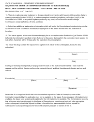 Form DBO-260.100.3 Request for Order of Exemption Pursuant to Subdivision (L) of Section 25100 of the Corporate Securties Law of 1968 - California, Page 3