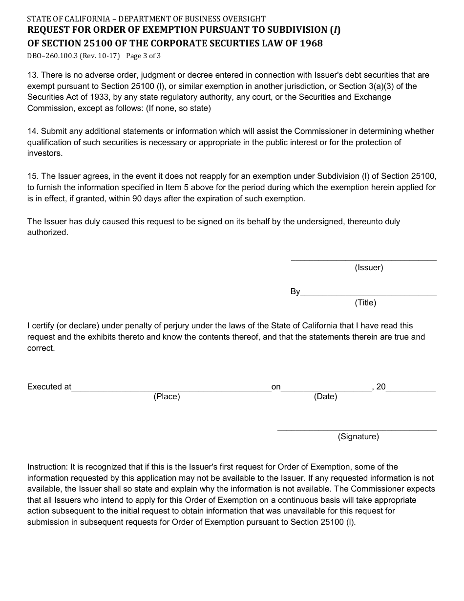 Form DBO-260.100.3 Request for Order of Exemption Pursuant to Subdivision (L) of Section 25100 of the Corporate Securties Law of 1968 - California, Page 3