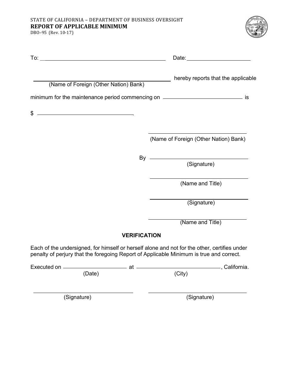 Form DBO-95 Report of Applicable Minimum - California, Page 1