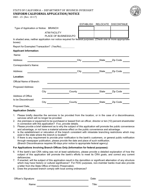 Form DBO-25 Uniform California Application/Notice - California
