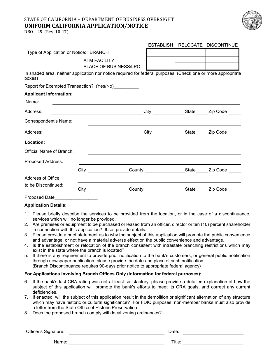 Form DBO-25 Uniform California Application / Notice - California, Page 1