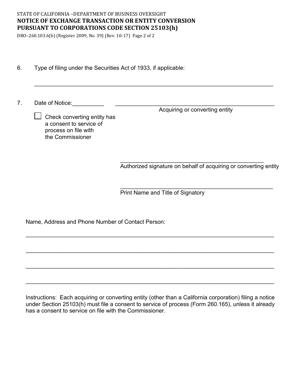 Form DBO-260.103.6(B) Notice of Exchange Transaction or Entity Conversion Pursuant to Corporations Code Section 25103(H) - California, Page 2