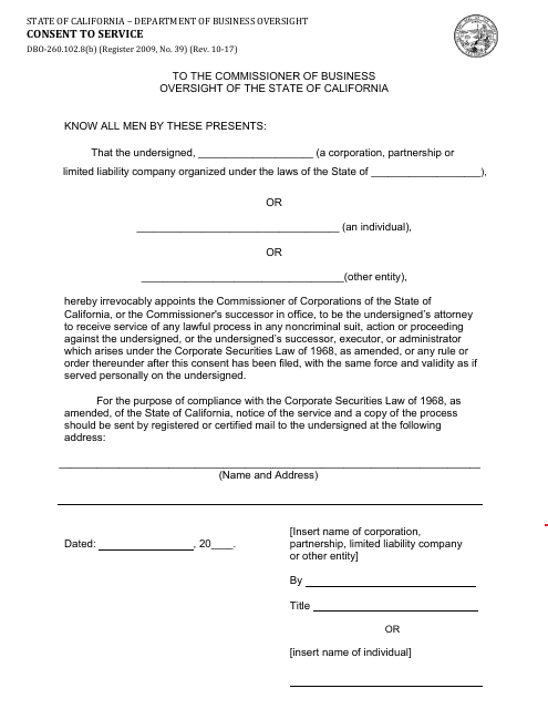 Form DBO-260.102.8(B) Consent to Service - California