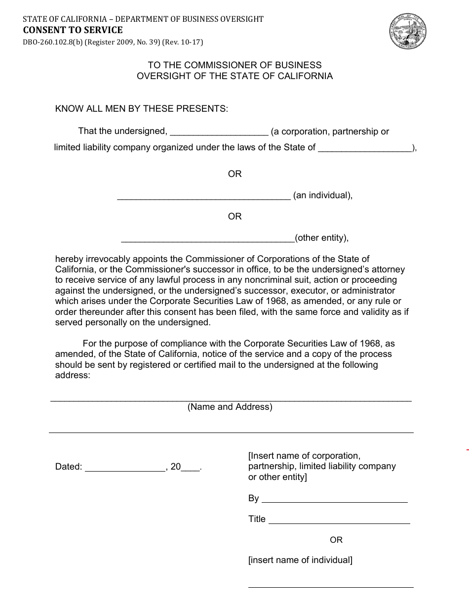 Form DBO-260.102.8(B) Consent to Service - California, Page 1