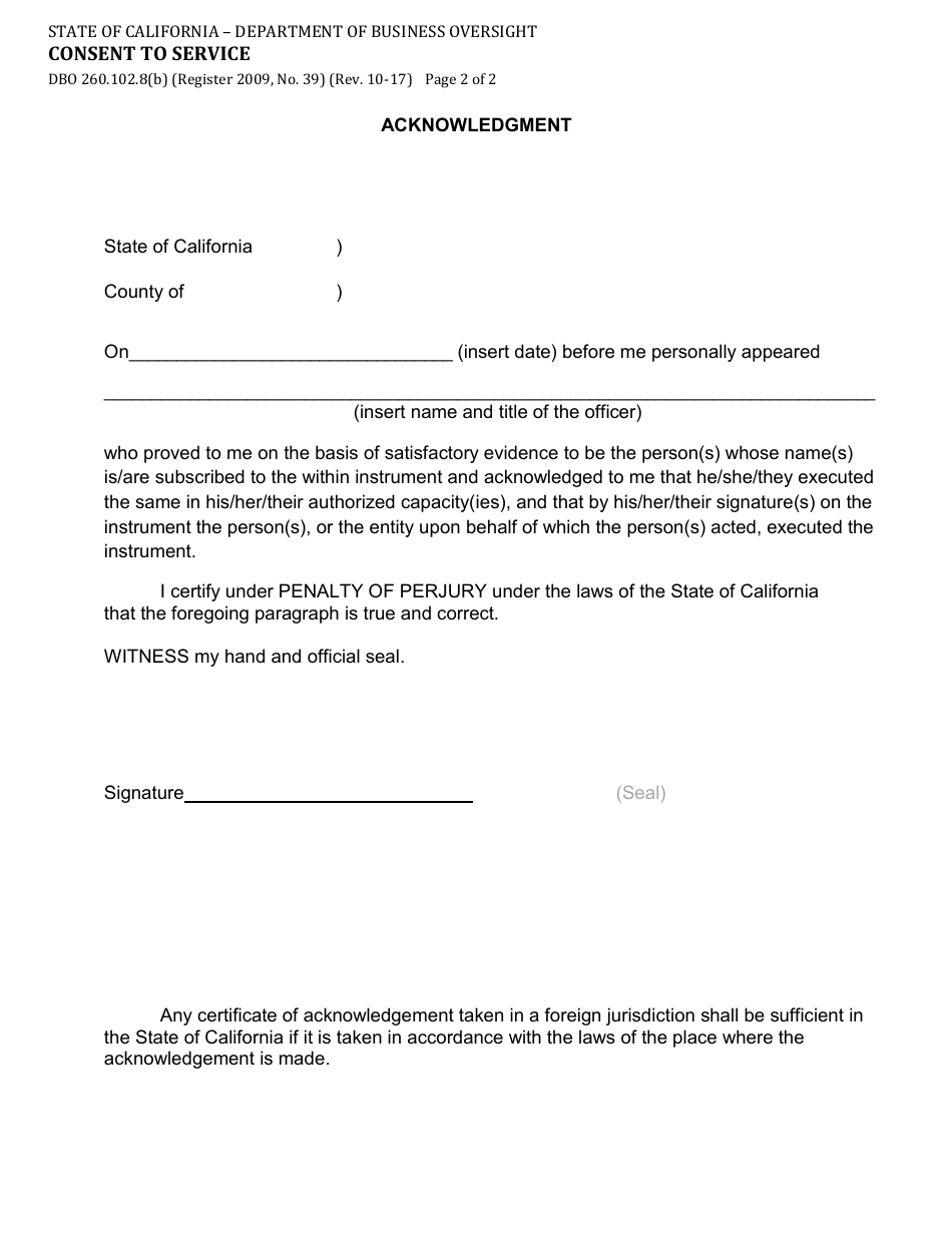 Form DBO-260.102.8(B) Consent to Service - California, Page 2