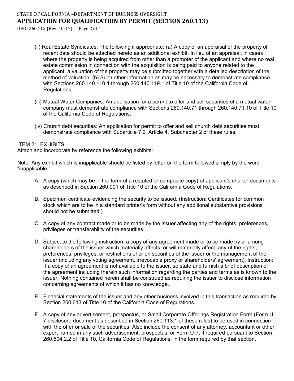 Form DBO-260.113 Application for Qualification by Permit (Section 260.113) - California, Page 2