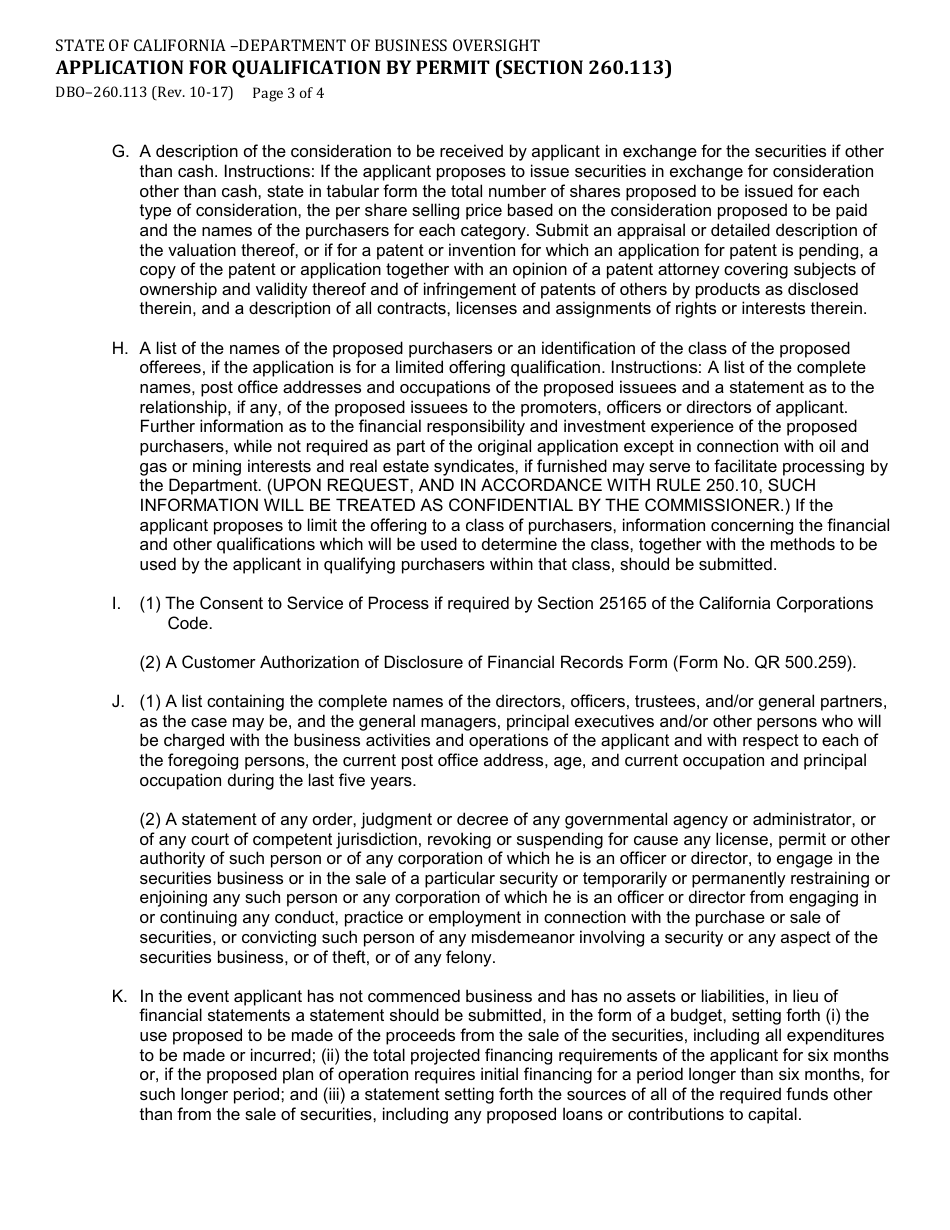 Form DBO-260.113 Application for Qualification by Permit (Section 260.113) - California, Page 3