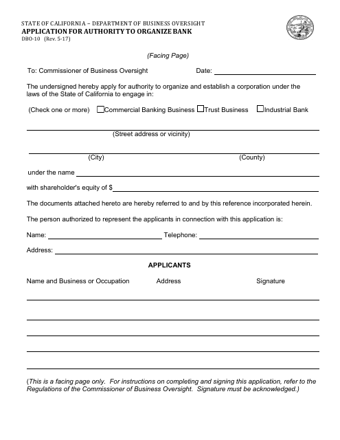 Form DBO-10 Application for Authority to Organize Bank - California