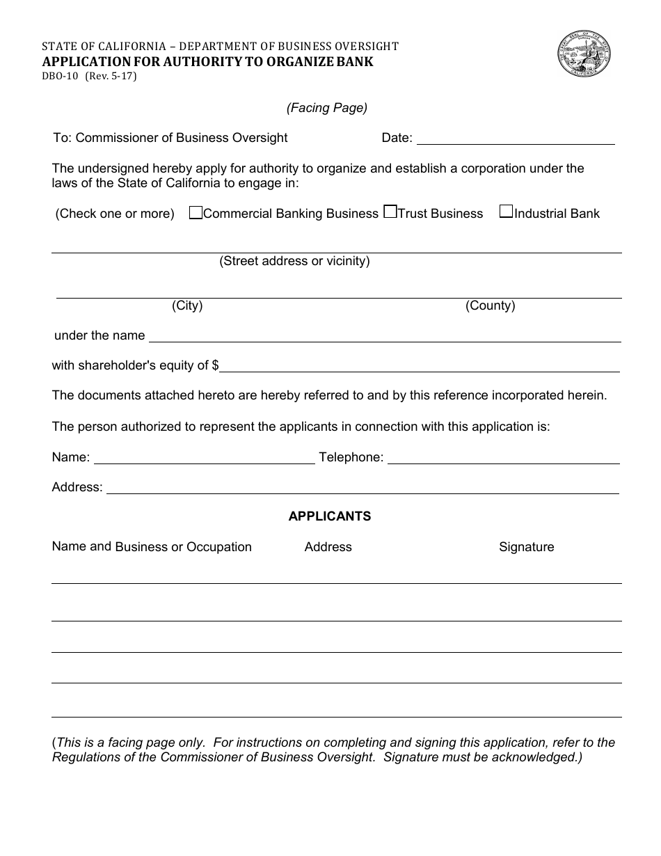 Form DBO-10 Application for Authority to Organize Bank - California, Page 1