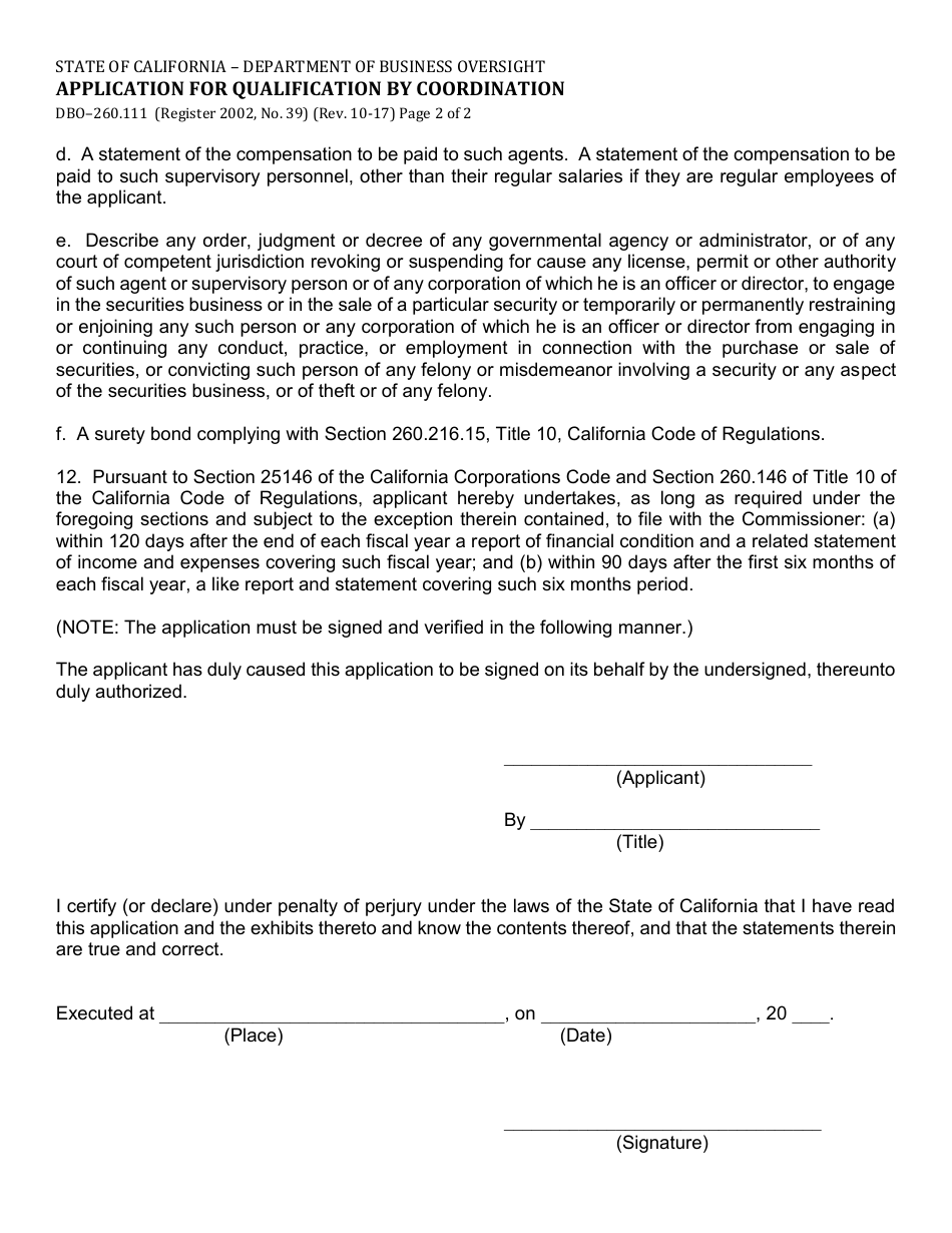 Form DBO-260.111 Application for Qualification by Coordination - California, Page 2