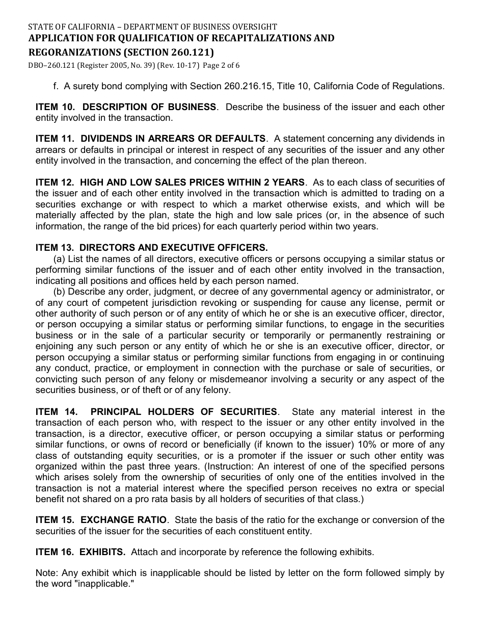 Form DBO-260.121 Application for Qualification of Recapitalizations and Regoranizations (Section 260.121) - California, Page 2